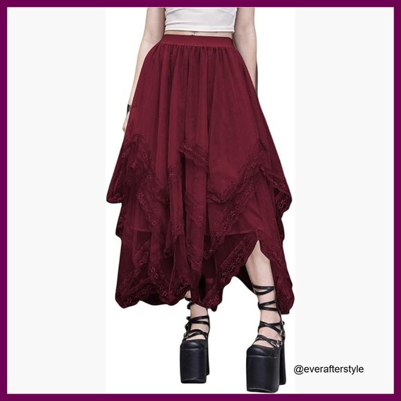 Dresses & Skirts - Lace Trim Mesh Tulle Skirt High Waist Asymmetrical Long Goth